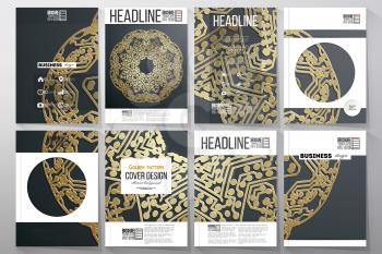 Set of business templates for brochure, flyer or booklet. Golden microchip pattern on dark background with connecting dots and lines, connection structure. Digital scientific vector.