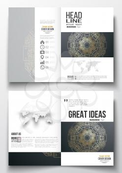 Set of business templates for brochure, magazine, flyer, booklet or annual report. Round golden technology pattern on dark background, mandala template, connecting lines and dots, connection structure