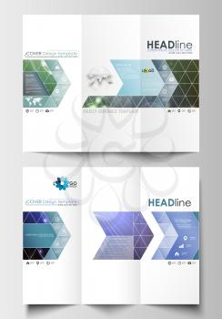 Tri-fold brochure business templates on both sides. Easy editable abstract layout in flat design. DNA molecule structure, science background. Scientific research, medical technology