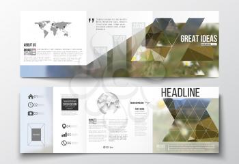 Vector set of tri-fold brochures, square design templates with element of world map and globe. Summer landscape. Colorful polygonal backdrop, blurred background, modern stylish triangle vector texture