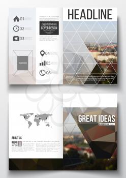 Set of business templates for brochure, magazine, flyer, booklet or annual report. Polygonal background, blurred image, urban landscape, cityscape of Prague, modern triangular texture