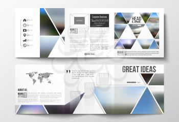 Set of tri-fold brochures, square design templates with element of world map. Abstract colorful polygonal background, natural landscapes, geometric, triangular style vector illustration