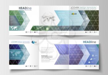 Set of business templates for tri-fold brochures. Square design. Leaflet cover, abstract flat layout, easy editable blank. DNA molecule structure, science background. Scientific research, medical tech