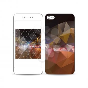 Mobile smartphone with an example of the screen and cover design isolated on white background. Dark polygonal background, blurred image, night city landscape, car traffic, modern triangular texture.
