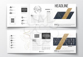 Vector set of tri-fold brochures, square design templates with element of world globe. Polygonal golden background with connecting dots and lines, connection structure. Digital or science vector