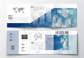 Set of tri-fold brochures, square design templates with element of world map and globe. Beautiful blue sky, abstract geometric background with white clouds, leaflet cover, business layout, vector.