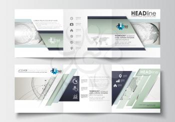 Set of business templates for tri-fold brochures. Square design. Leaflet cover, abstract flat layout, easy editable blank. Dotted world globe with construction and polygonal molecules on gray backgrou