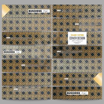 Set of modern vector banners. Islamic gold pattern with overlapping geometric square shapes forming abstract ornament. Vector stylish golden texture on black background.