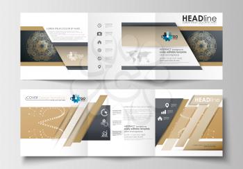 Set of business templates for tri-fold brochures. Square design. Leaflet cover, abstract flat layout, easy editable blank. Golden technology background, connection structure with connecting dots and l
