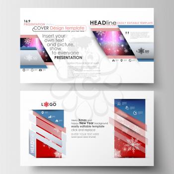Business templates in HD format for presentation slides. Easy editable abstract layouts in flat design. Christmas decoration, vector background with shiny snowflakes.