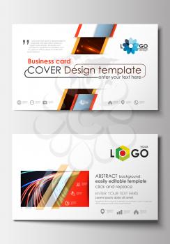 Business card templates. Cover design template, easy editable blank, abstract flat layout. Abstract lines background with color glowing neon streams, motion design vector.