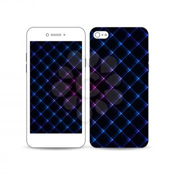 Mobile smartphone with an example of the screen and cover design isolated on white background. Abstract polygonal background, modern stylish square vector texture.