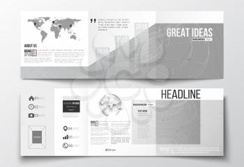 Vector set of tri-fold brochures, square design templates with element of world map and globe. Molecular construction with connected lines and dots, scientific or digital design pattern on gray backgr