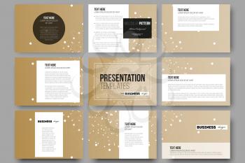 Set of 9 vector templates for presentation slides. Abstract polygonal low poly backdrop with connecting dots and lines, golden background, connection structure. Digital or science vector
