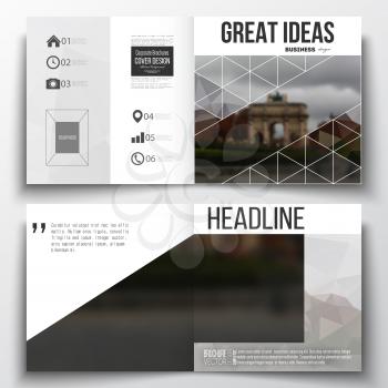 Set of annual report business templates for brochure, magazine, flyer or booklet. Polygonal background, blurred image, urban landscape, Paris cityscape, modern triangular vector texture.