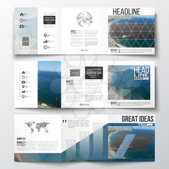 Vector set of tri-fold brochures, square design templates with element of world map and globe. Colorful polygonal backdrop, blurred background, sea landscape, modern triangle vector texture.