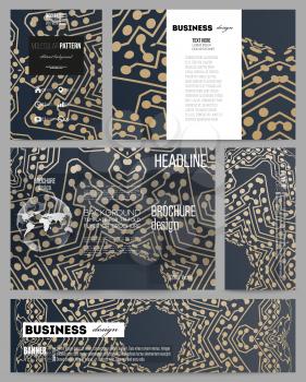 Set of business templates for presentation, brochure, flyer or booklet. Golden microchip pattern, abstract template with connecting dots and lines, connection structure. Digital scientific background