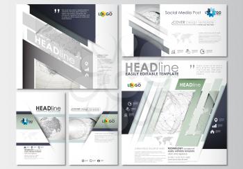 Social media posts set. Business templates. Cover design template, easy editable, abstract flat layouts in popular formats. Dotted world globe with construction and polygonal molecules on gray backgro
