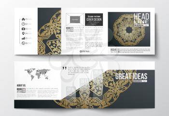 Set of tri-fold brochures, square design templates with element of world map. Golden microchip pattern on dark background, mandala template with connecting dots and lines, connection structure. Digita