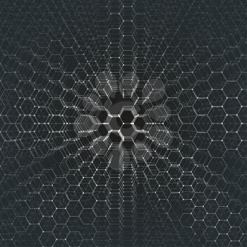 Chemistry 3D pattern, hexagonal design molecule structure on black, scientific medical research. Medicine, science and technology concept. Motion design. Geometric abstract background