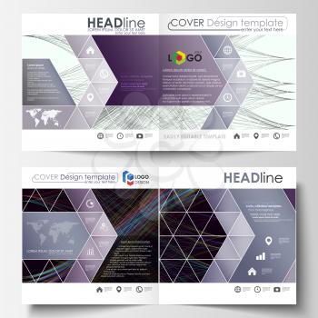 Business templates for square bi fold brochure, magazine, flyer, booklet. Leaflet cover, flat layout, easy editable vector. Abstract waves, lines and curves. Dark color background. Motion design