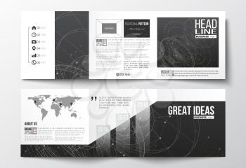 Vector set of tri-fold brochures, square design templates with element of world map. Molecular construction with connected lines and dots, scientific or digital design pattern on black background.