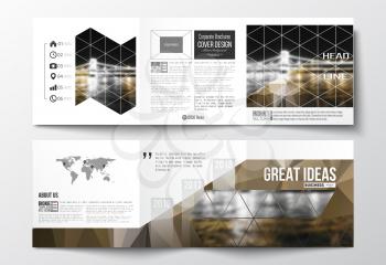 Vector set of tri-fold brochures, square design templates with element of world map. Colorful polygonal background, blurred image, night city landscape, modern stylish triangular vector texture.