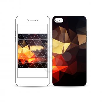 Mobile smartphone with an example of the screen and cover design isolated on white background. Colorful polygonal backdrop, blurred natural background, amazing summer sunset view, triangular texture
