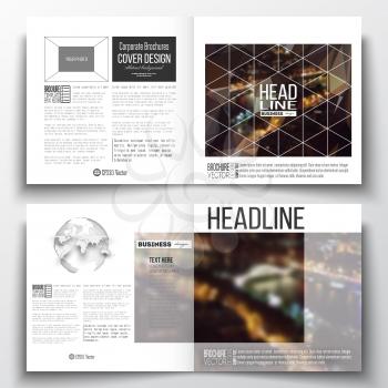 Set of annual report business templates for brochure, magazine, flyer or booklet. Dark polygonal background, blurred image, night city landscape, Paris cityscape, modern triangular vector texture.