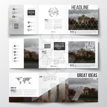 Vector set of tri-fold brochures, square design templates with element of world map and globe. Polygonal background, blurred image, urban landscape, Paris cityscape, modern triangular vector texture.