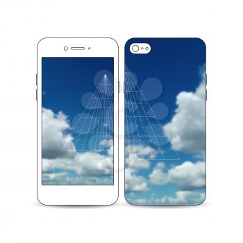 Mobile smartphone with an example of the screen and cover design isolated on white background. Beautiful blue sky, abstract geometric background with white clouds, leaflet cover, business layout, vect