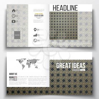 Set of square design brochure template. Islamic gold pattern with overlapping geometric square shapes forming abstract ornament. Vector stylish golden texture on black background.