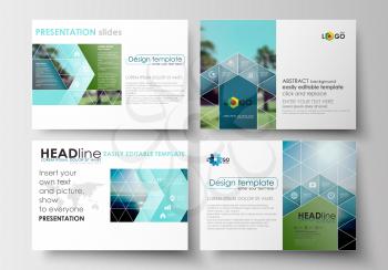 Set of business templates for presentation slides. Flat design blue color travel decoration layout, easy editable vector template, colorful blurred natural landscape