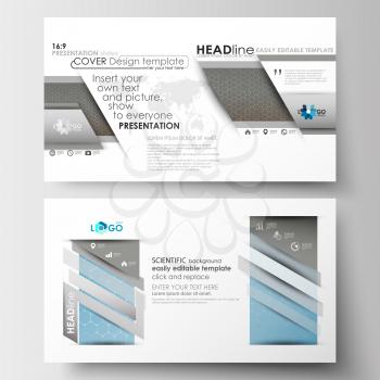 Business templates in HD size for presentation slides. Easy editable abstract layouts in flat design. Scientific medical research, chemistry pattern, hexagonal design molecule structure, science vecto