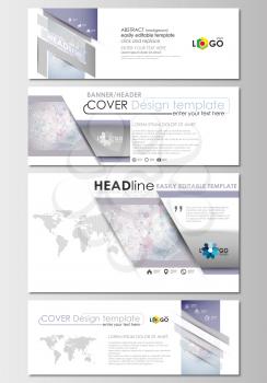 Social media and email headers set, modern banners. Business templates. Cover design template, easy editable, abstract flat layout in popular sizes. Molecule structure on blue background. Science heal