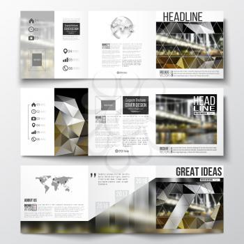 Vector set of tri-fold brochures, square design templates with element of world map and globe. Colorful polygonal background, blurred image, night city landscape, modern triangular vector texture.