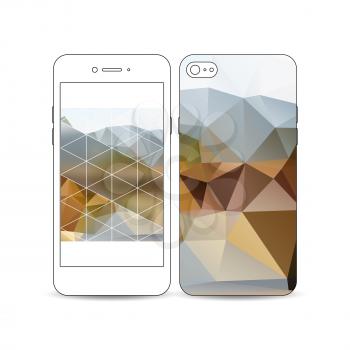 Mobile smartphone with an example of the screen and cover design isolated on white background. Colorful polygonal backdrop, blurred background, modern stylish triangle vector texture.