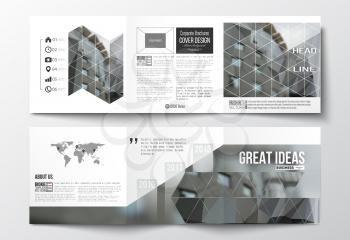 Vector set of tri-fold brochures, square design templates with element of world map. Polygonal background, blurred image, urban landscape, modern stylish triangular vector texture.