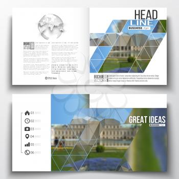 Set of annual report business templates for brochure, magazine, flyer or booklet. Polygonal background, blurred image, park landscape, modern stylish vector texture.