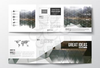 Vector set of tri-fold brochures, square design templates with element of world map. Colorful polygonal backdrop, blurred natural background, modern stylish triangle vector texture.