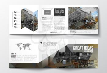 Vector set of tri-fold brochures, square design templates with element of world map. Polygonal background, blurred image, urban landscape, cityscape, modern triangular texture