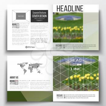 Vector set of square design brochure template. Colorful polygonal floral background, blurred image, yellow flowers on green, modern triangular texture.