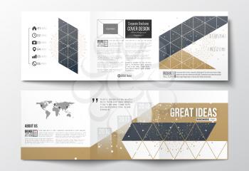 Vector set of tri-fold brochures, square design templates with element of world map. Polygonal backdrop, connecting dots and lines, golden background, connection structure. Digital or science vector