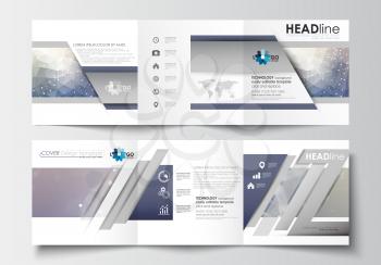 Set of business templates for tri-fold brochures. Square design. Leaflet cover, abstract flat layout, easy editable blank. DNA molecule structure on blue background. Scientific research, medical techn