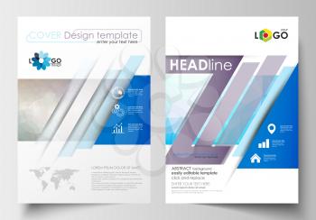 Business templates for brochure, magazine, flyer, booklet or annual report. Cover design template, easy editable blank, abstract flat layout in A4 size. Abstract triangles, blue triangular background,