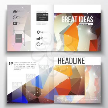 Set of annual report business templates for brochure, magazine, flyer or booklet. Molecular construction with connected lines and dots, scientific pattern on abstract colorful polygonal background, mo
