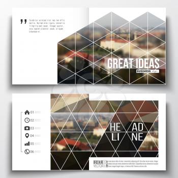 Set of annual report business templates for brochure, magazine, flyer or booklet. Polygonal background, blurred image, urban landscape, cityscape of Prague, modern triangular texture