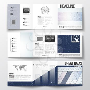 Vector set of tri-fold brochures, square design templates with element of world map and globe. Polygonal backdrop with connecting dots and lines, connection structure. Digital or science vector