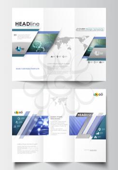 Tri-fold brochure business templates on both sides. Easy editable abstract layout in flat design. DNA molecule structure, science background. Scientific research, medical technology.