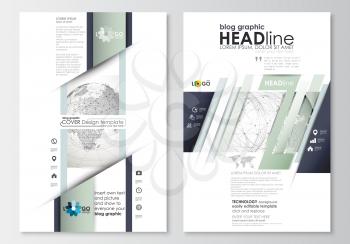 Blog graphic business templates. Page website design template, easy editable, abstract flat layout. Dotted world globe with construction and polygonal molecules on gray background, vector illustration